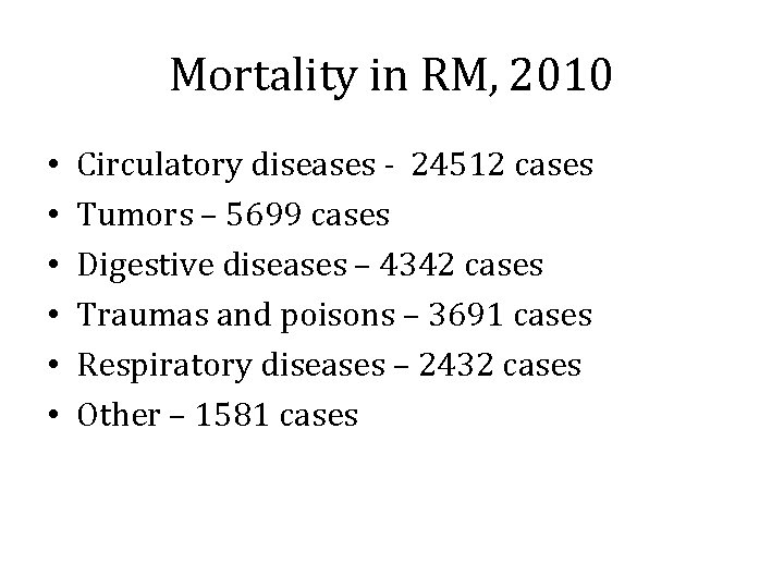 Mortality in RM, 2010 • • • Circulatory diseases - 24512 cases Tumors –