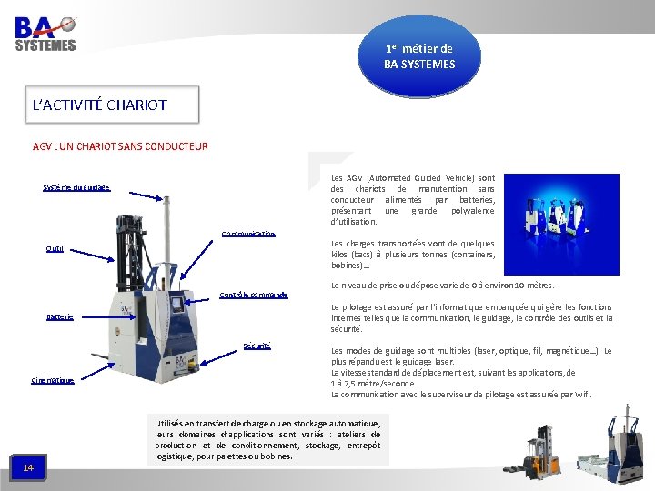 1 er métier de BA SYSTEMES L’ACTIVITÉ CHARIOT AGV : UN CHARIOT SANS CONDUCTEUR