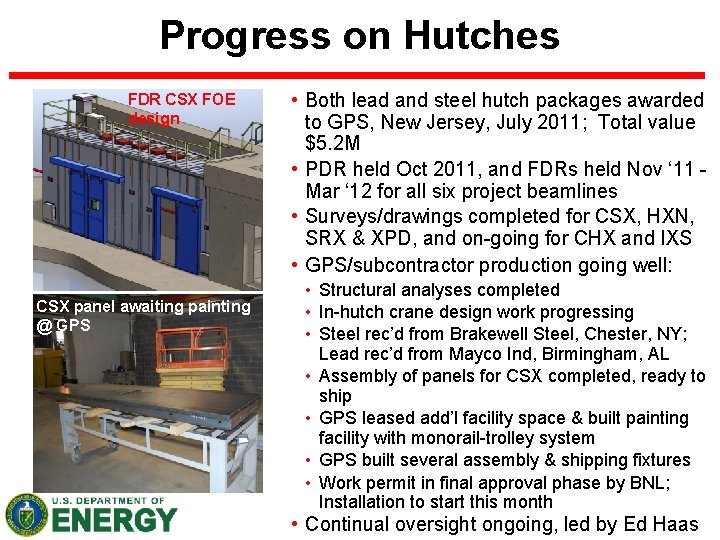 Progress on Hutches FDR CSX FOE design CSX panel awaiting painting @ GPS •