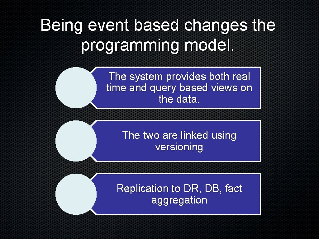 Being event based changes the programming model. The system provides both real time and