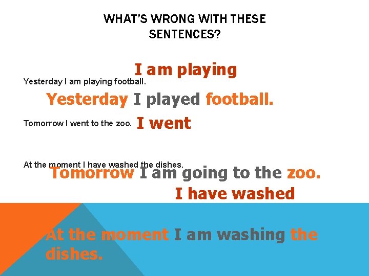 WHAT’S WRONG WITH THESE SENTENCES? I am playing Yesterday I am playing football. Yesterday