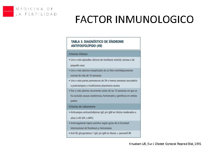 FACTOR INMUNOLOGICO Knudsen UB, Eur J Obstet Gynecol Reprod Biol, 1991 