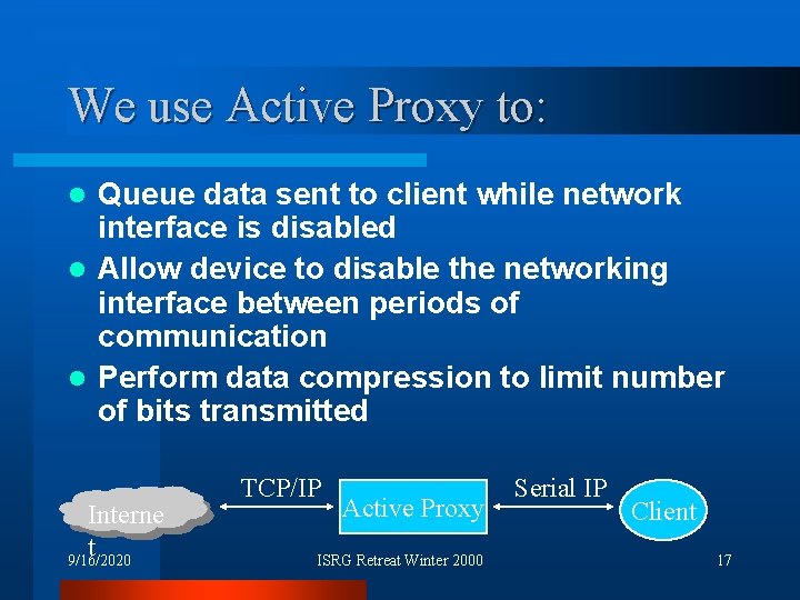 We use Active Proxy to: Queue data sent to client while network interface is