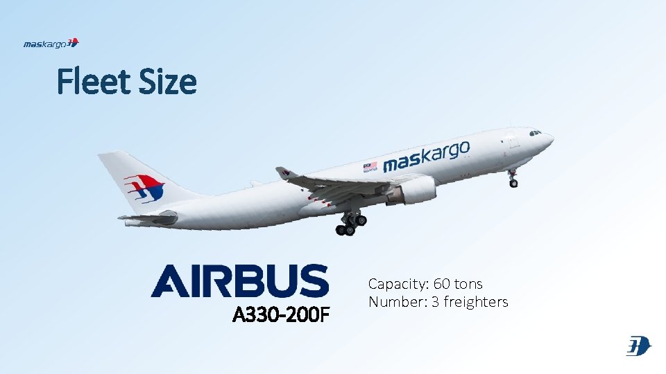 Fleet Size A 330 -200 F Capacity: 60 tons Number: 3 freighters 