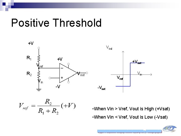 Positive Threshold +V Vout R 1 +V +Vsat Vref R 2 Vout Vin -V