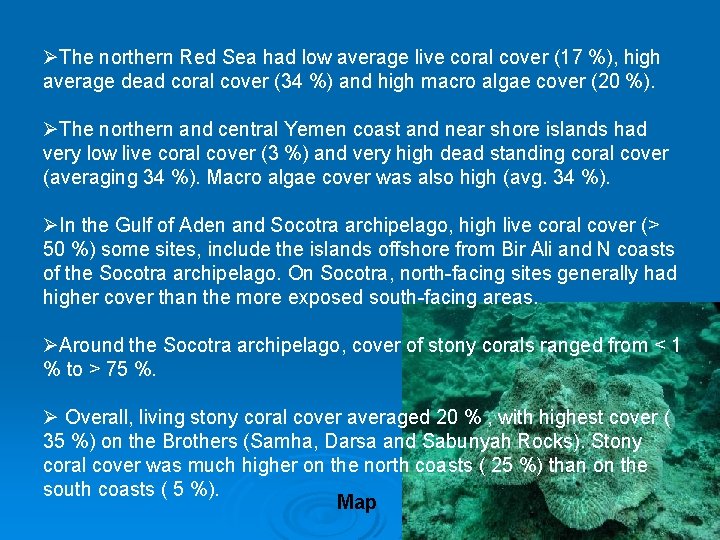 ØThe northern Red Sea had low average live coral cover (17 %), high average