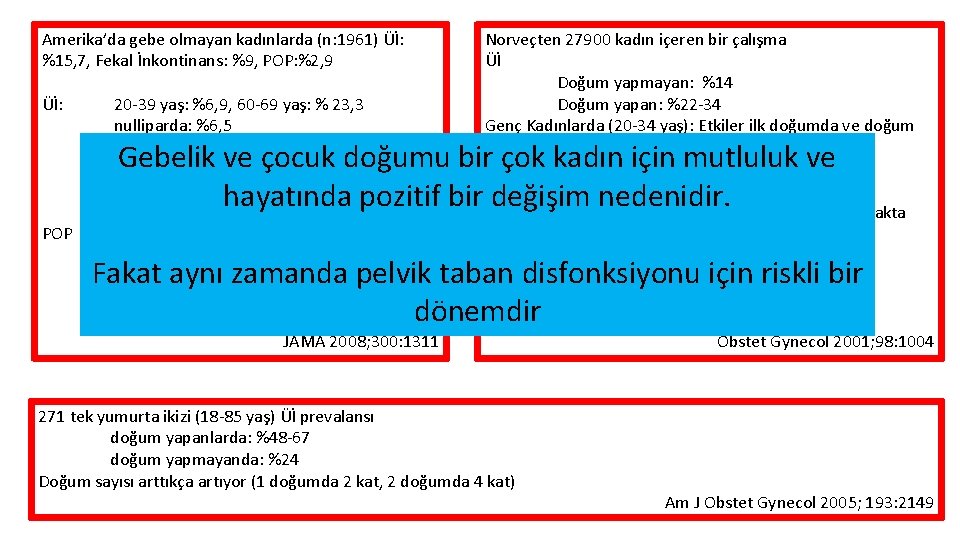 Amerika’da gebe olmayan kadınlarda (n: 1961) Üİ: %15, 7, Fekal İnkontinans: %9, POP: %2,