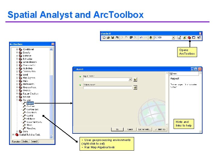 Spatial Analyst and Arc. Toolbox Opens Arc. Toolbox Hints and links to help •