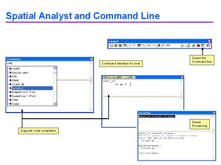 Spatial Analyst and Command Line Command Interface for tools Opens the Command line Shows