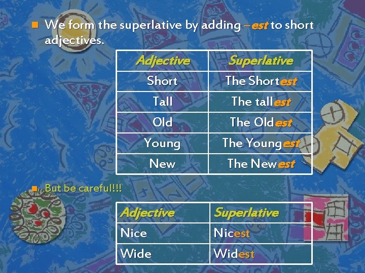 n We form the superlative by adding –est to short adjectives. Adjective Short Tall