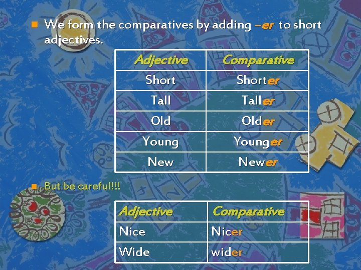 n We form the comparatives by adding –er to short adjectives. Adjective Short Tall