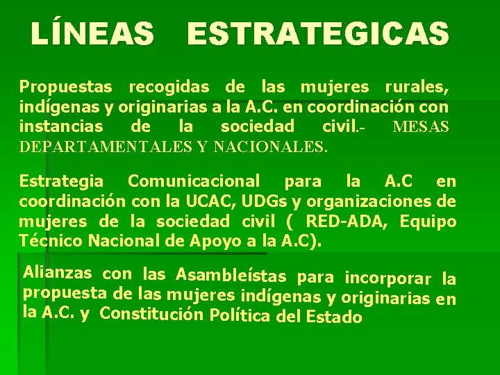 LÍNEAS ESTRATEGICAS Propuestas recogidas de las mujeres rurales, indígenas y originarias a la A.