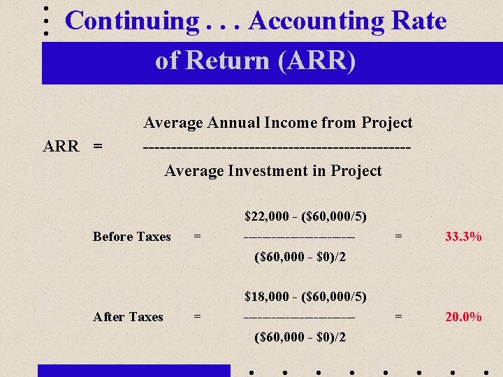 Continuing. . . Accounting Rate of Return (ARR) ARR = Average Annual Income from