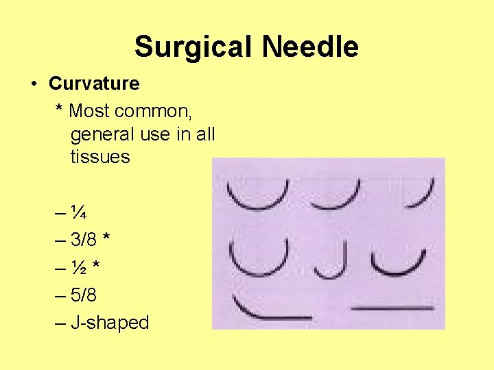 Surgical Needle • Curvature * Most common, general use in all tissues –¼ –