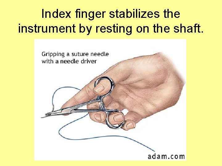 Index finger stabilizes the instrument by resting on the shaft. 