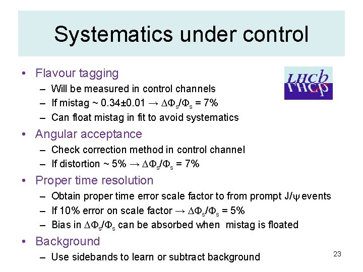 Systematics under control • Flavour tagging – Will be measured in control channels –