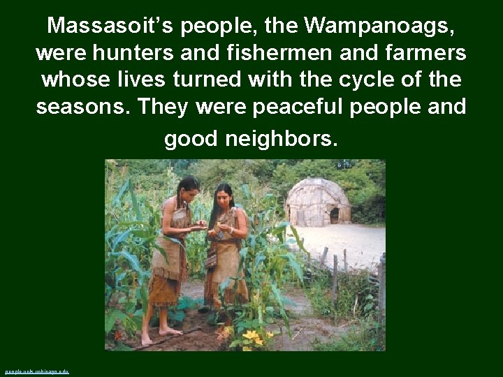 Massasoit’s people, the Wampanoags, were hunters and fishermen and farmers whose lives turned with
