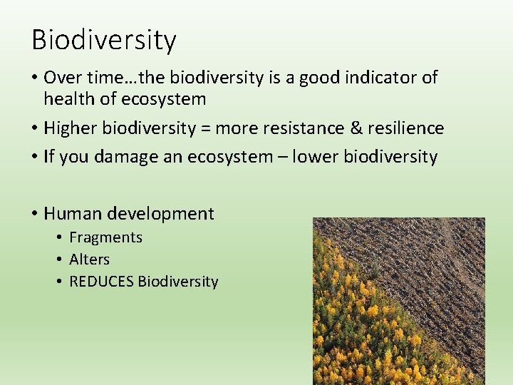 Biodiversity • Over time…the biodiversity is a good indicator of health of ecosystem •