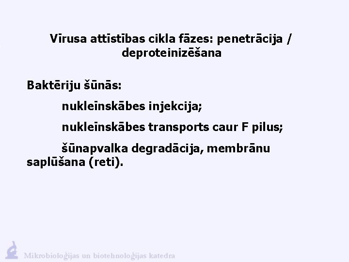 Vīrusa attīstības cikla fāzes: penetrācija / deproteinizēšana Baktēriju šūnās: nukleīnskābes injekcija; nukleīnskābes transports caur