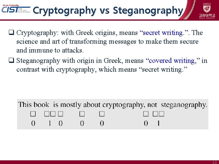 Cryptography vs Steganography Cryptography: with Greek origins, means “secret writing. ”. The science and