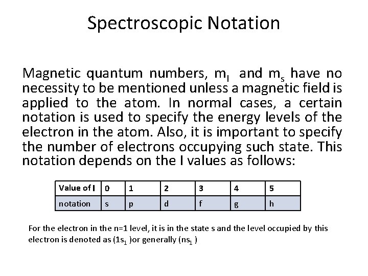 Spectroscopic Notation Magnetic quantum numbers, ml and ms have no necessity to be mentioned