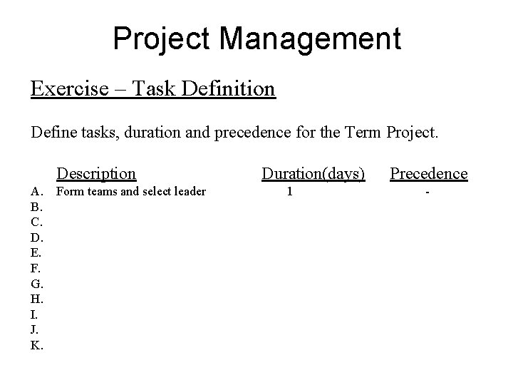 Project Management Exercise – Task Definition Define tasks, duration and precedence for the Term