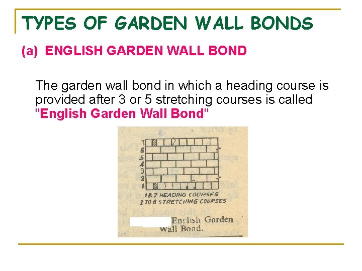 TYPES OF GARDEN WALL BONDS (a) ENGLISH GARDEN WALL BOND The garden wall bond TYPES OF GARDEN WALL BONDS (a) ENGLISH GARDEN WALL BOND The garden wall bond