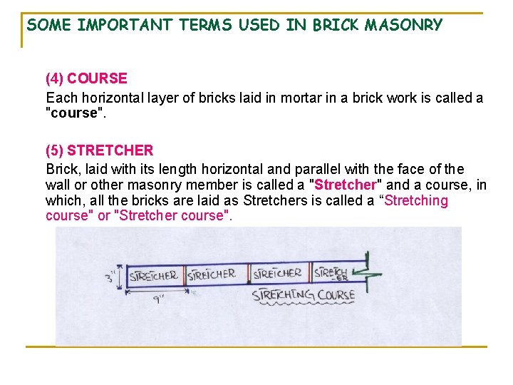 SOME IMPORTANT TERMS USED IN BRICK MASONRY (4) COURSE Each horizontal layer of bricks SOME IMPORTANT TERMS USED IN BRICK MASONRY (4) COURSE Each horizontal layer of bricks