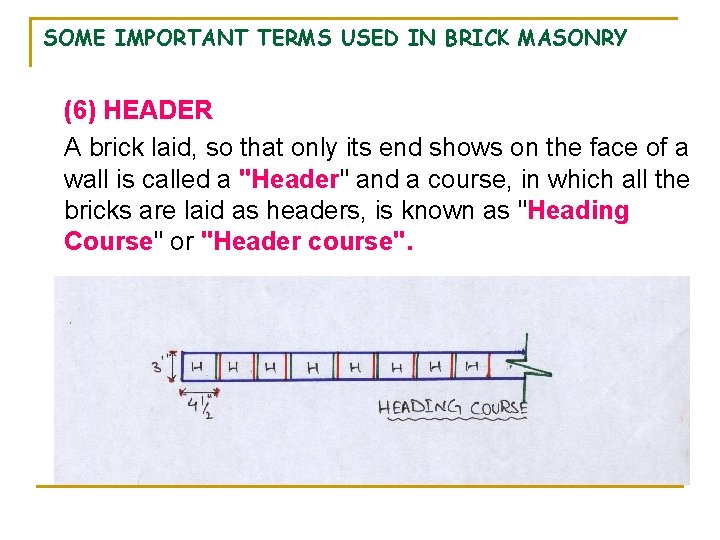 SOME IMPORTANT TERMS USED IN BRICK MASONRY (6) HEADER A brick laid, so that SOME IMPORTANT TERMS USED IN BRICK MASONRY (6) HEADER A brick laid, so that