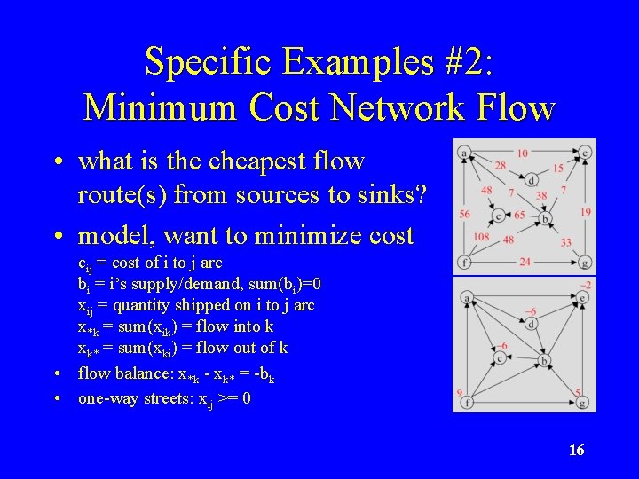 Specific Examples #2: Minimum Cost Network Flow • what is the cheapest flow route(s)