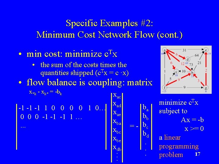 Specific Examples #2: Minimum Cost Network Flow (cont. ) • min cost: minimize c.