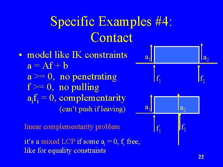 Specific Examples #4: Contact • model like IK constraints a = Af + b