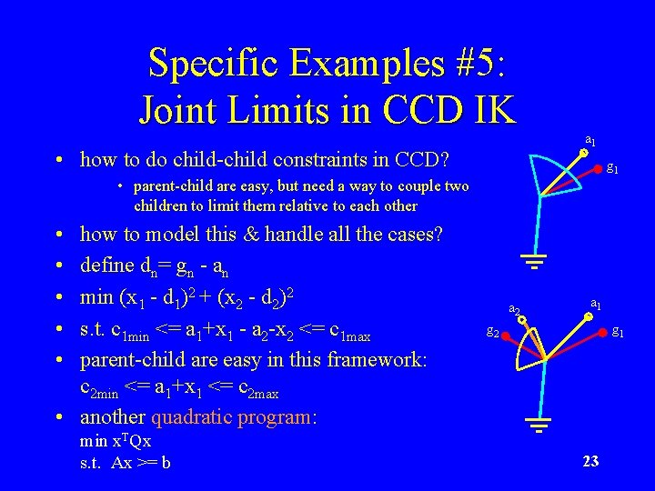Specific Examples #5: Joint Limits in CCD IK • how to do child-child constraints