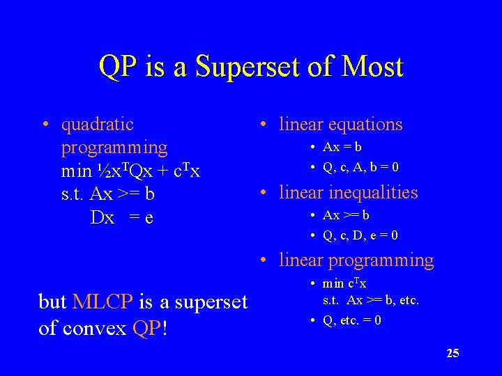 QP is a Superset of Most • quadratic programming min ½x. TQx + c.