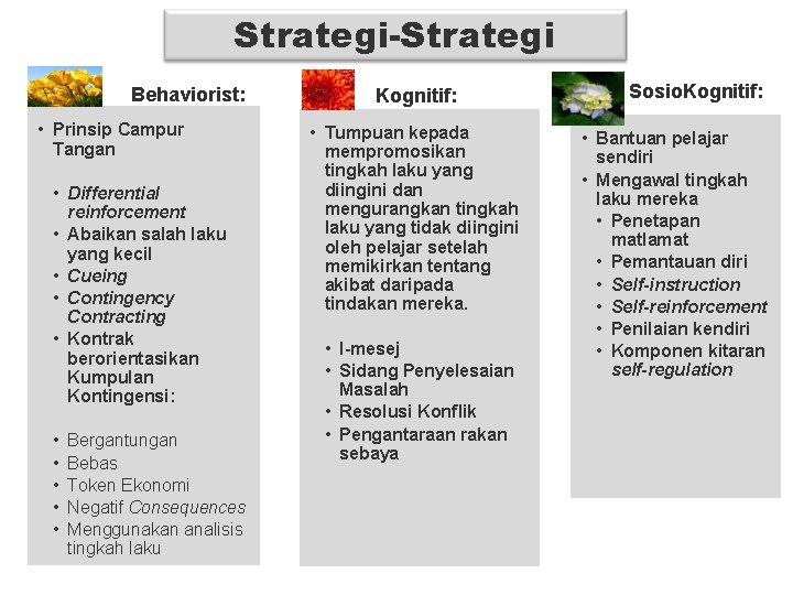 Strategi-Strategi Behaviorist: • Prinsip Campur Tangan • Differential reinforcement • Abaikan salah laku yang