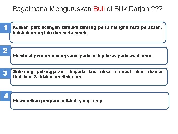 Bagaimana Menguruskan Buli di Bilik Darjah ? ? ? 1 2 3 4 Adakan