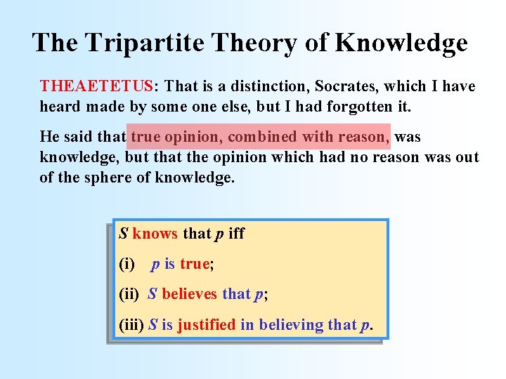 The Tripartite Theory of Knowledge THEAETETUS: That is a distinction, Socrates, which I have