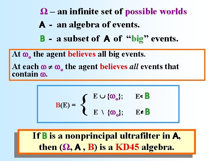 Ω – an infinite set of possible worlds A - an algebra of events.
