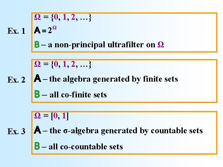 Ω = {0, 1, 2, …} Ω A = 2 Ex. 1 B –