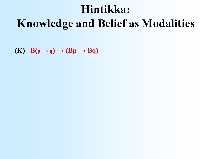 Hintikka: Knowledge and Belief as Modalities (K) B(p → q) → (Bp → Bq)