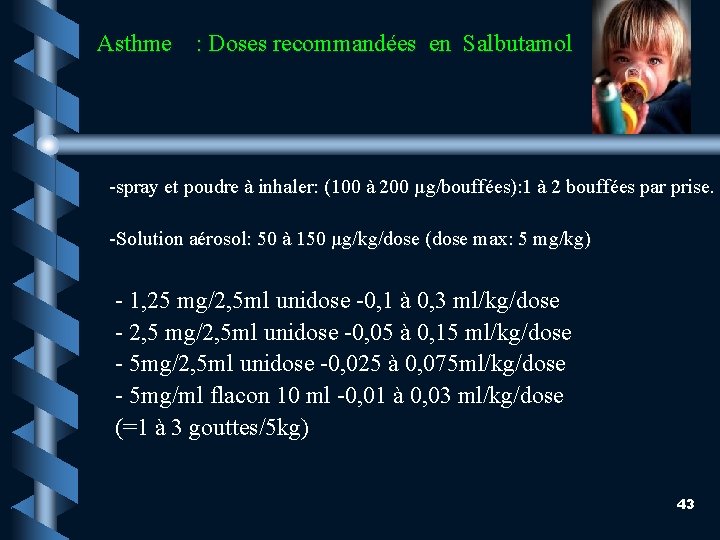 Asthme : Doses recommandées en Salbutamol -spray et poudre à inhaler: (100 à 200