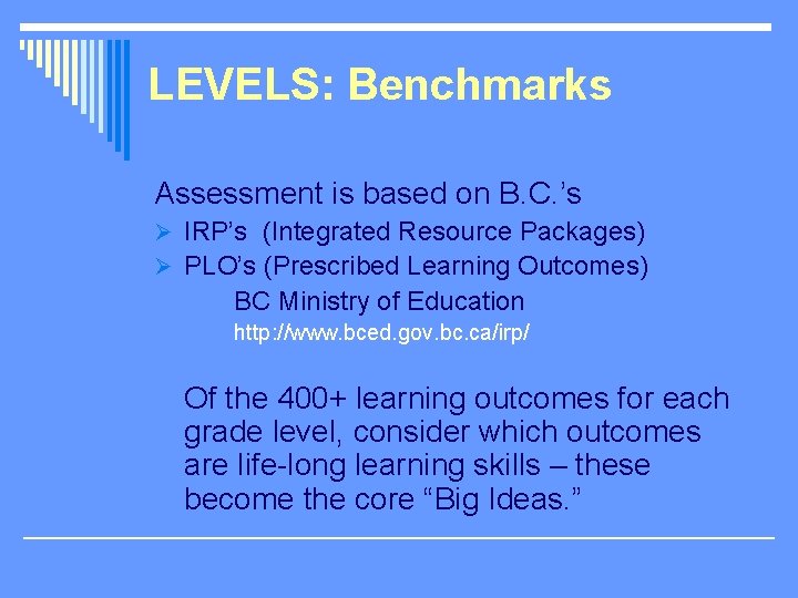 LEVELS: Benchmarks Assessment is based on B. C. ’s Ø IRP’s (Integrated Resource Packages)