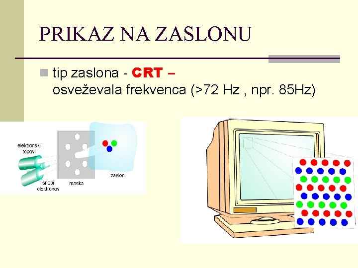 PRIKAZ NA ZASLONU n tip zaslona - CRT – osveževala frekvenca (>72 Hz ,