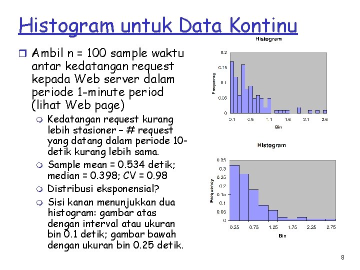 Histogram untuk Data Kontinu r Ambil n = 100 sample waktu antar kedatangan request