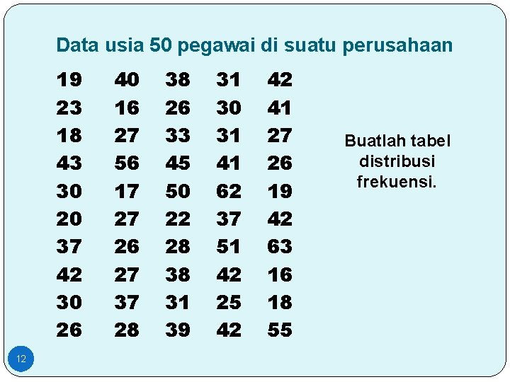 Data usia 50 pegawai di suatu perusahaan 19 23 18 43 30 20 37