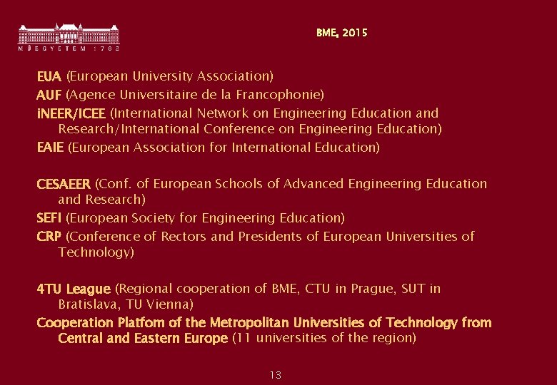 BME, 2015 EUA (European University Association) AUF (Agence Universitaire de la Francophonie) i. NEER/ICEE