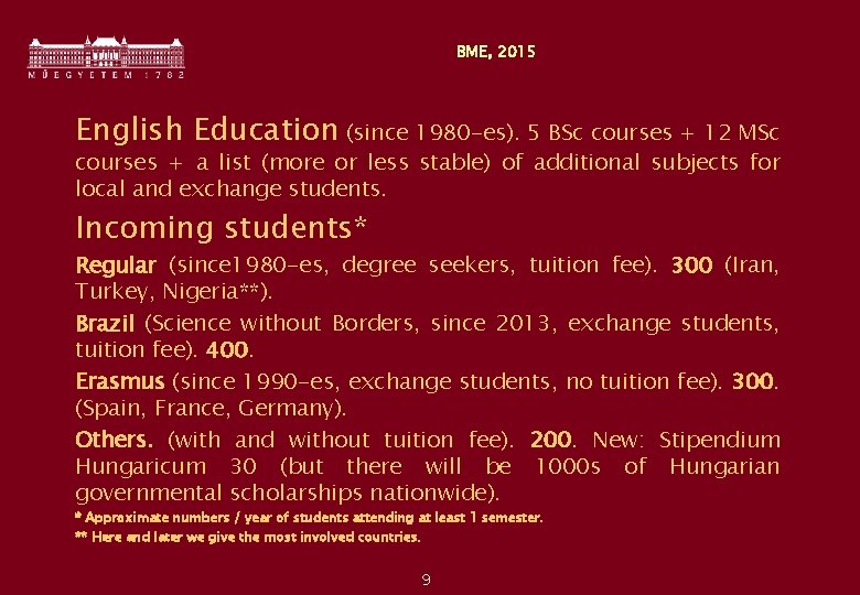 BME, 2015 English Education (since 1980 -es). 5 BSc courses + 12 MSc courses