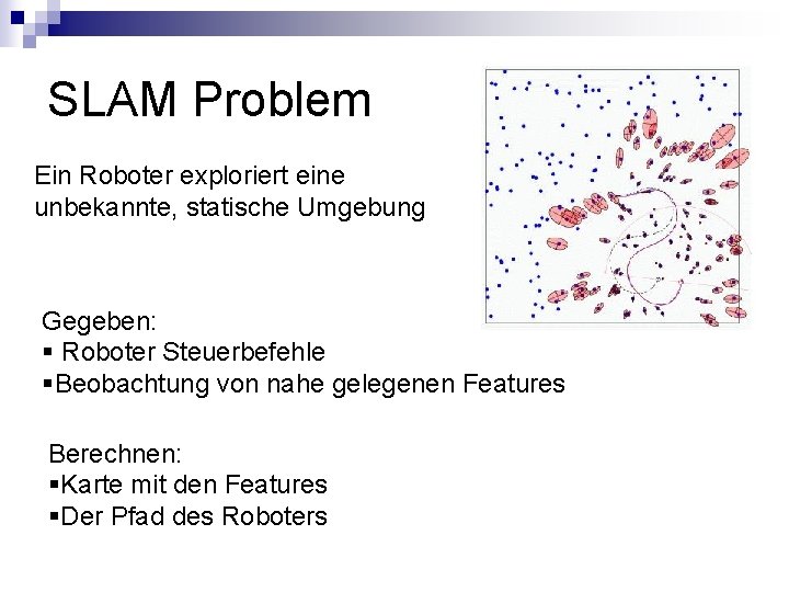 SLAM Problem Ein Roboter exploriert eine unbekannte, statische Umgebung Gegeben: § Roboter Steuerbefehle §Beobachtung