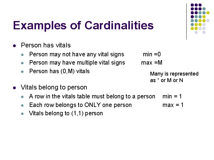Examples of Cardinalities l Person has vitals l l Person may not have any
