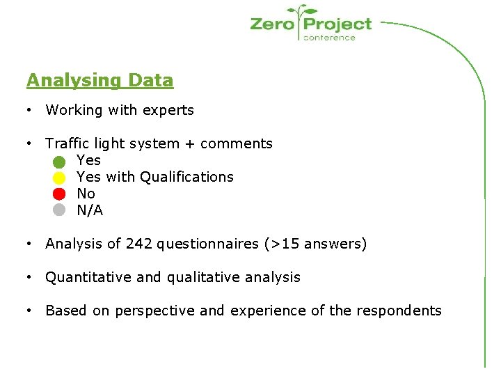 Analysing Data • Working with experts • Traffic light system + comments Yes with